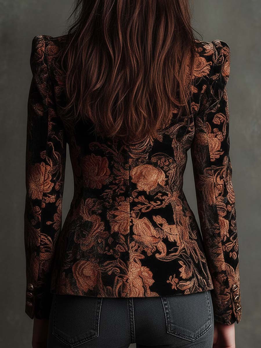 Blazer negro de terciopelo con estampado floral en tonos bronce