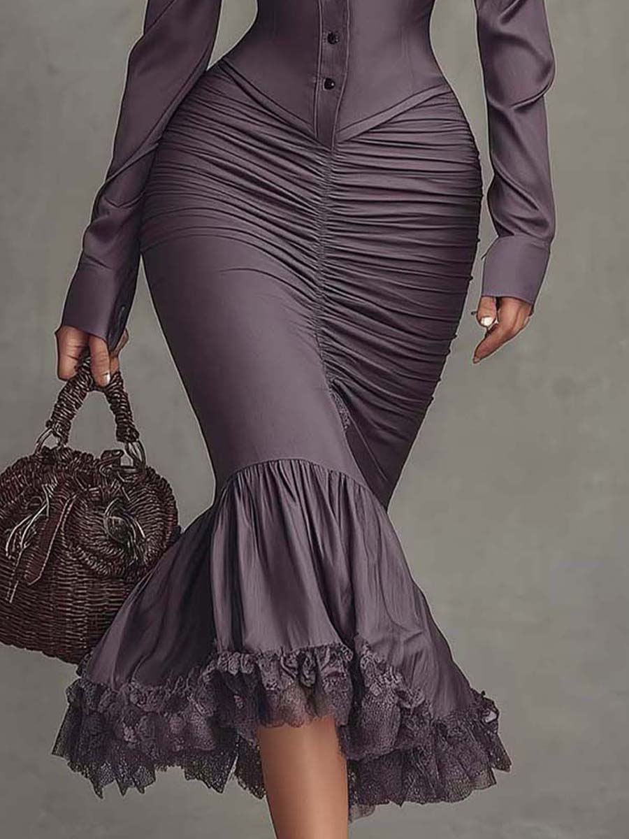 Vestido Midi Malva Empolvado con Fruncido y Detalles de Encaje