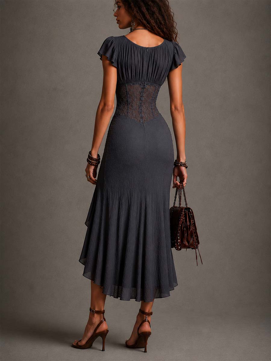Vestido Midi Gris Oscuro con Corsé y Fruncido