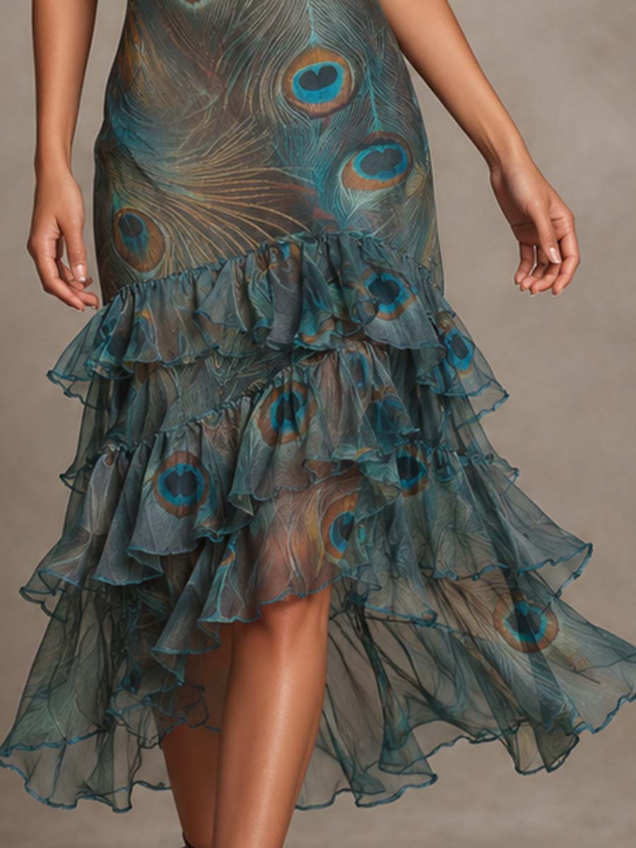 Vestido Midi Vintage de Chifón con Estampado de Pavo Real, Cuello Halter y Volantes