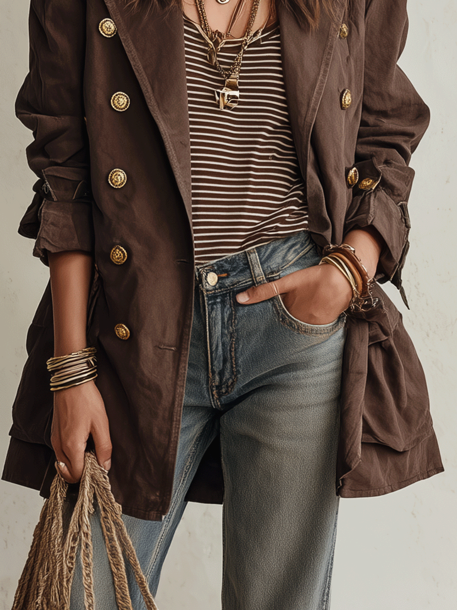 Gabardina Utility Chic Marrón Chocolate de Sarga de Algodón con Doble Botonadura y Cinturón