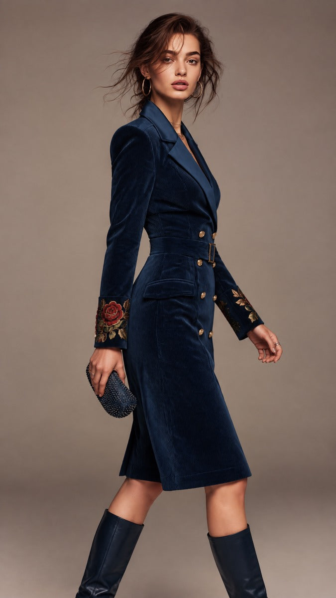 Vestido Blazer de Pana con Doble Botonadura, Puños Bordados y Cinturón