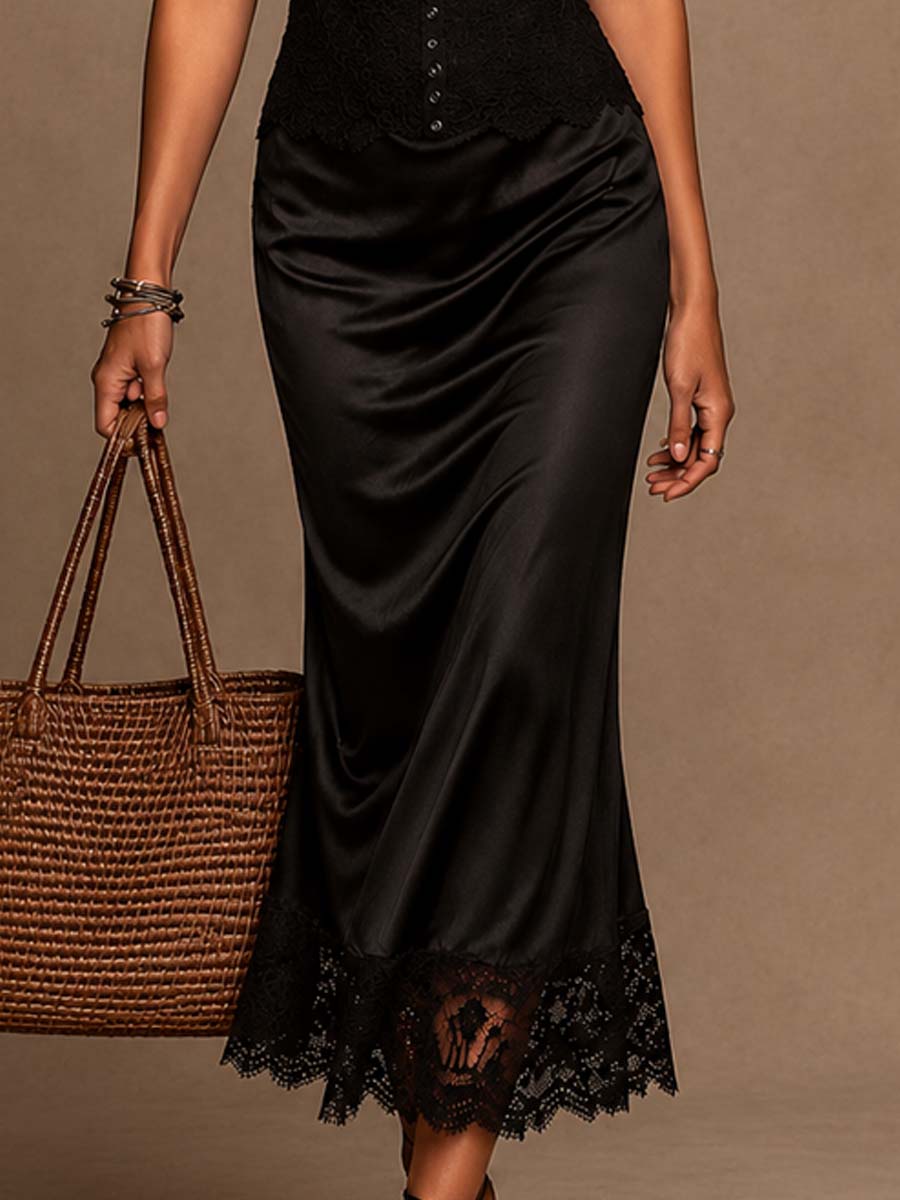 Vestido Midi Vintage de Satén con Tirantes y Detalles de Encaje