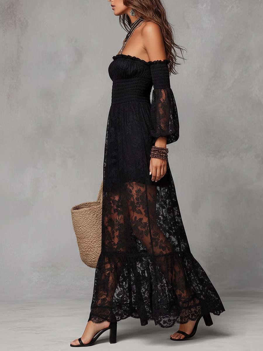 Vestido Maxi Negro de Encaje con Escote Bardot y Cuerpo Fruncido
