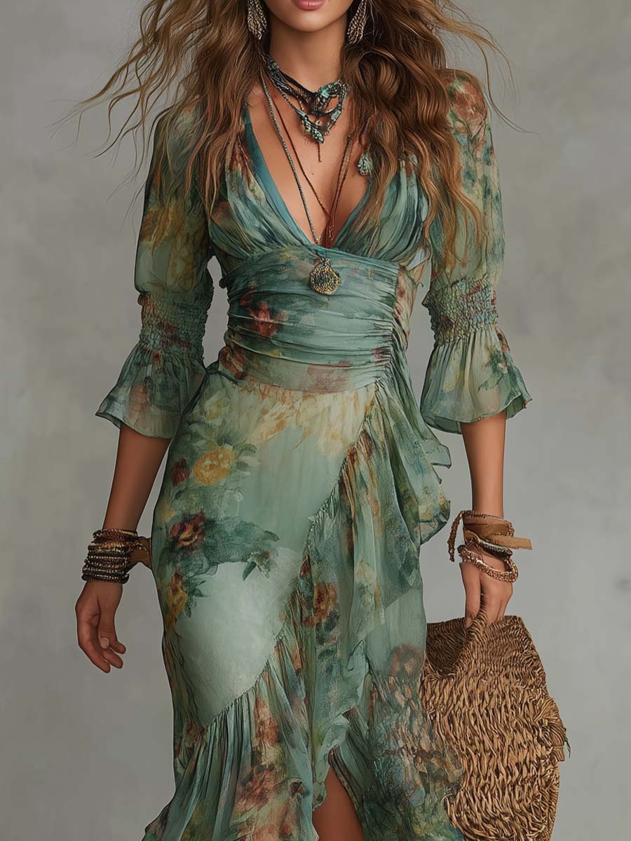 Vestido largo cruzado con estampado floral romántico retro