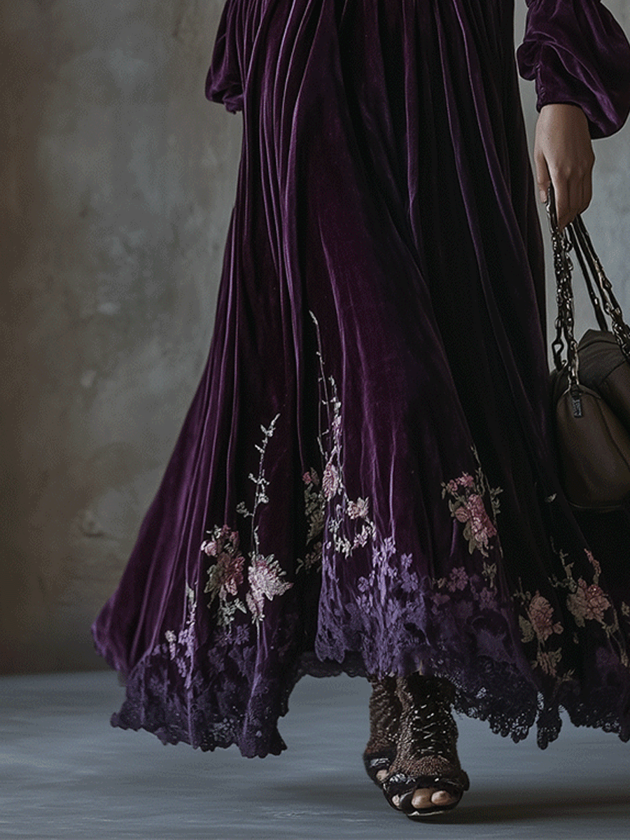 Vestido Maxi Vintage de Terciopelo con Bordado Floral