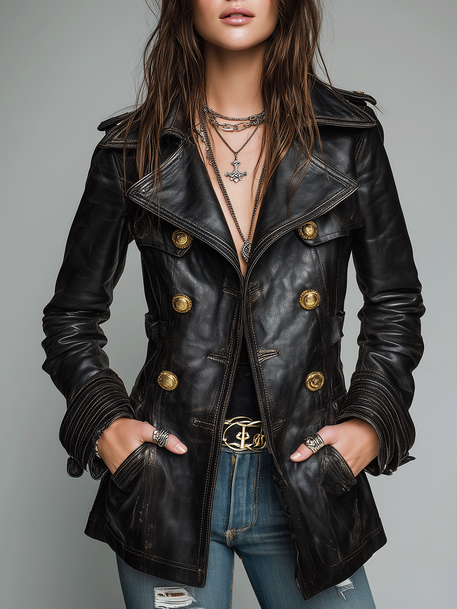 Chaqueta Vintage Negra de Ecopiel con Doble Botonadura
