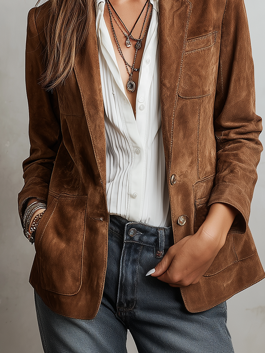 Chaqueta Retro de Ante Ecológico con Costuras en Contraste