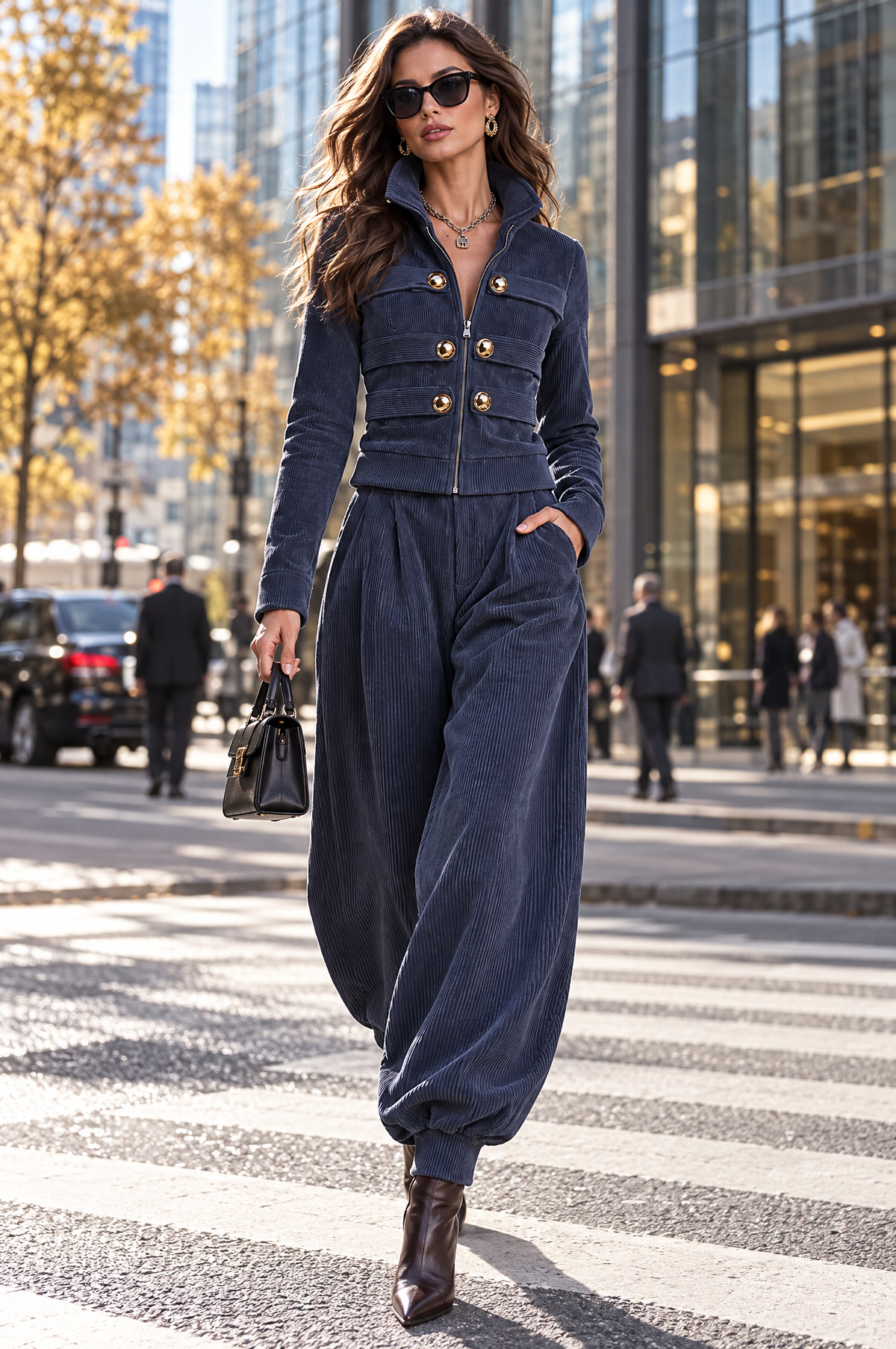 Conjunto de Pana de Dos Piezas con Chaqueta de Cremallera y Pantalón Jogger Balloon