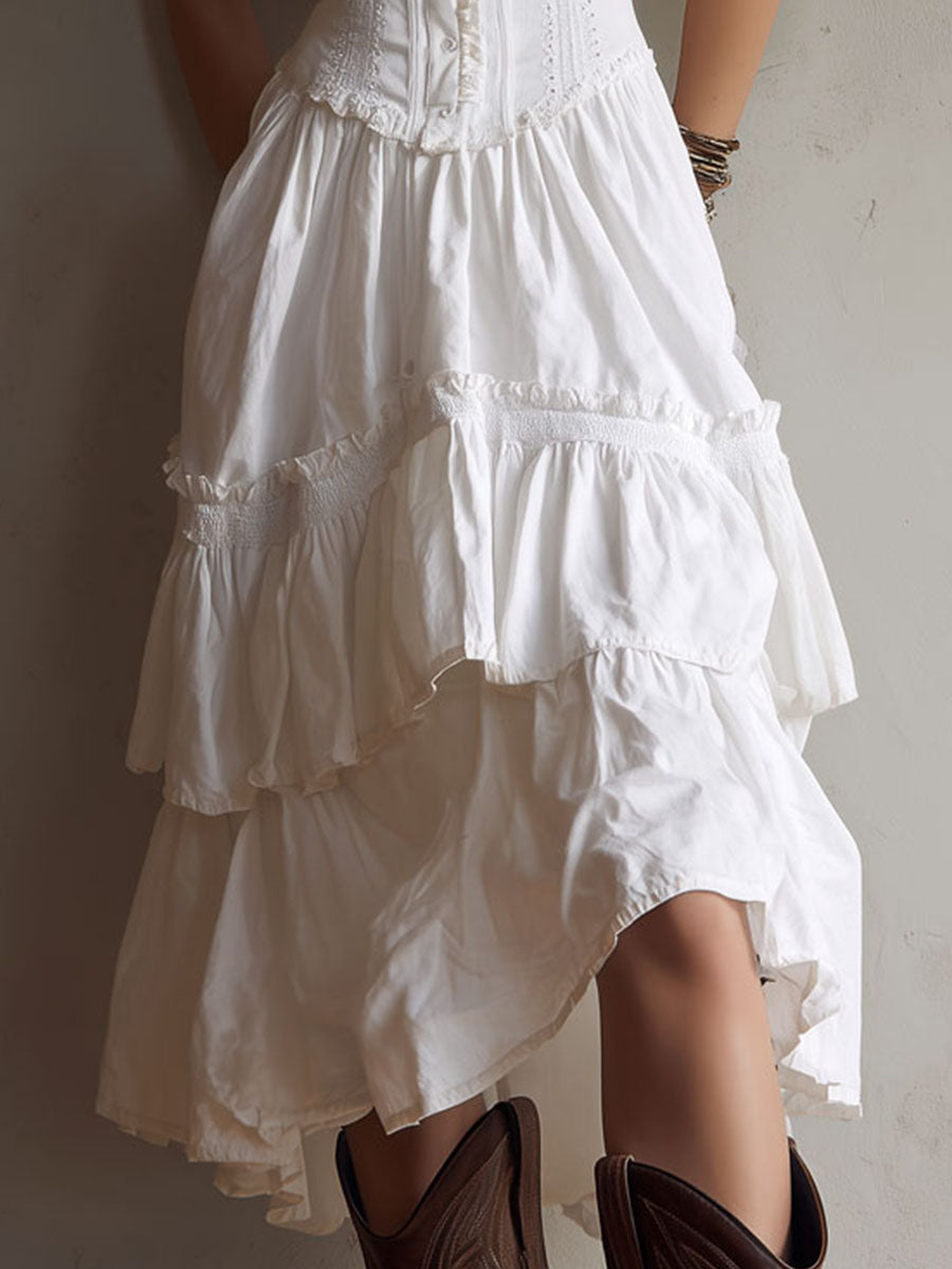 Vestido Midi Boho Retro con Corsé, Falda Escalonada y Detalles de Encaje