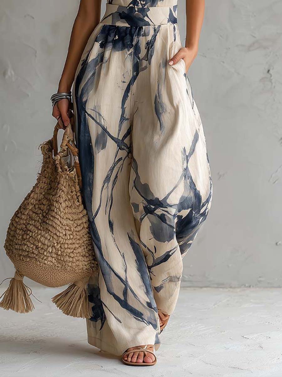 Mono de Pierna Ancha con Cuello Halter, Estampado Efecto Tinta y Bolsillos
