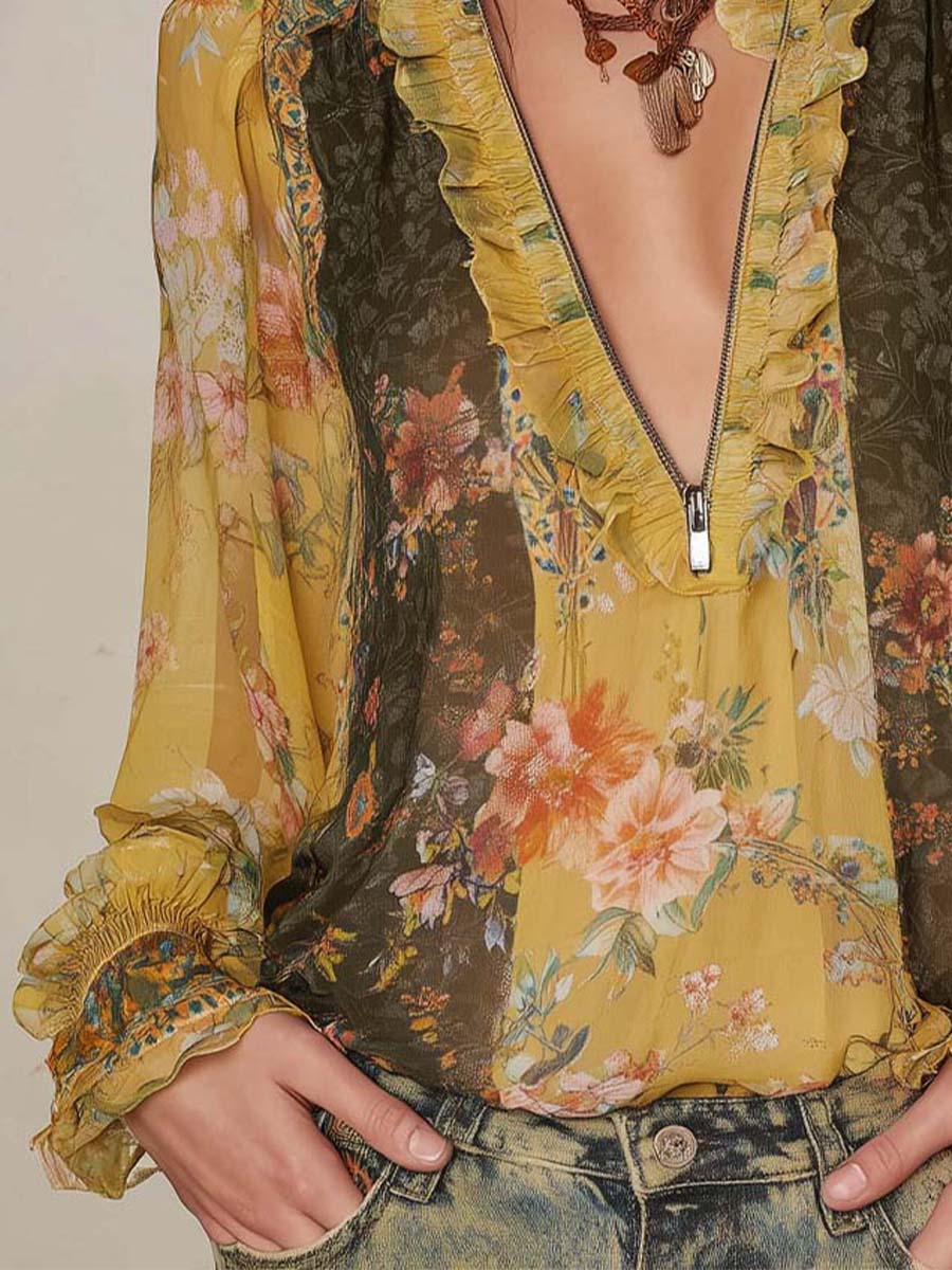 Blusa de Chifón Floral con Volantes y Cremallera Frontal