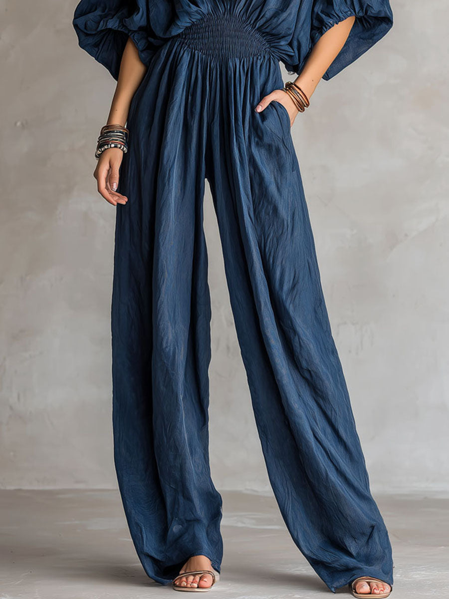 Mono Bohemio Índigo con Cintura Fruncida Elástica
