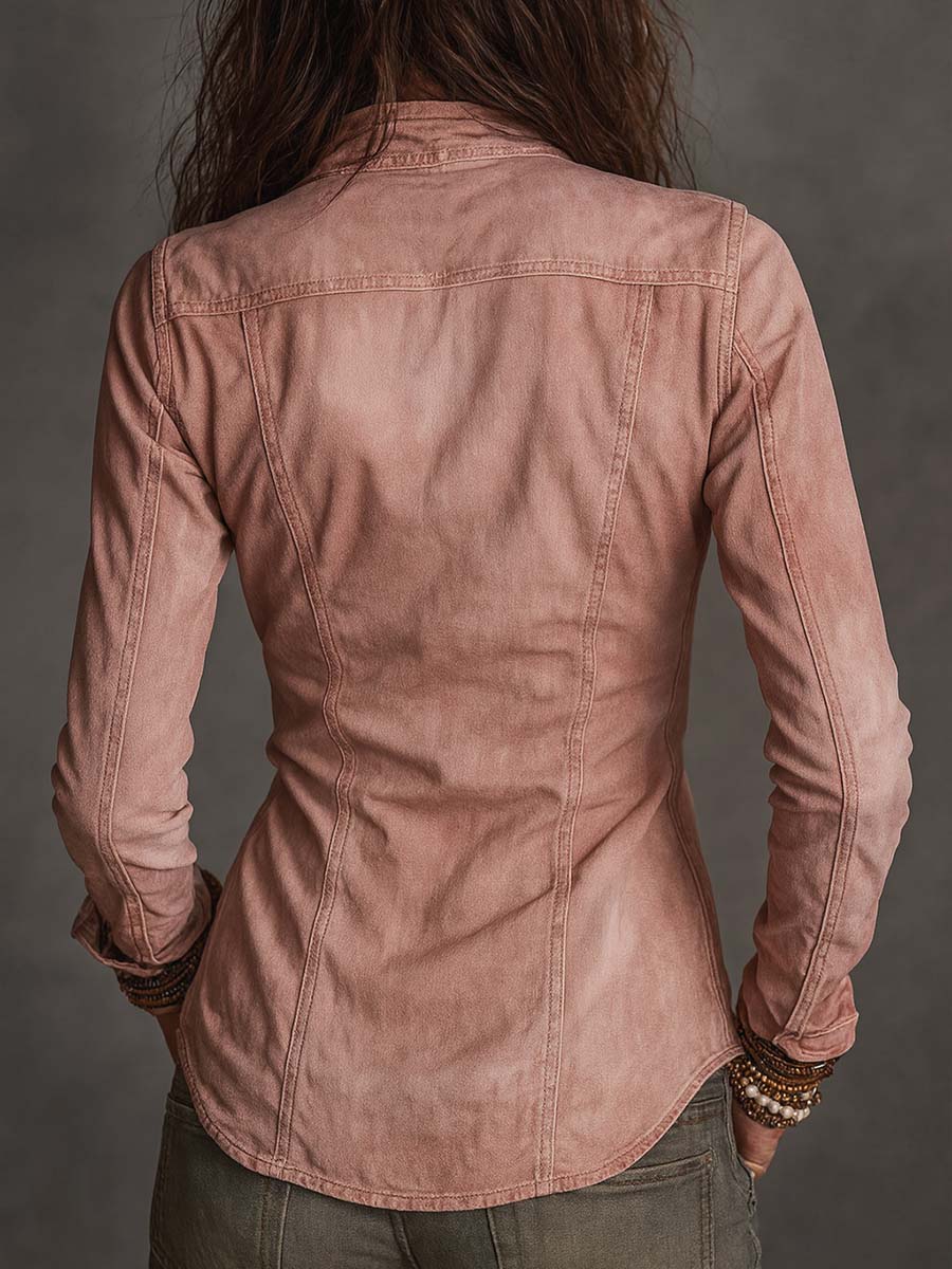 Camisa Vaquera Vintage Desgastada con Cremallera Frontal