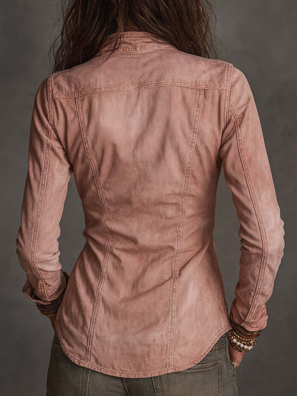Camisa Vaquera Vintage Desgastada con Cremallera Frontal