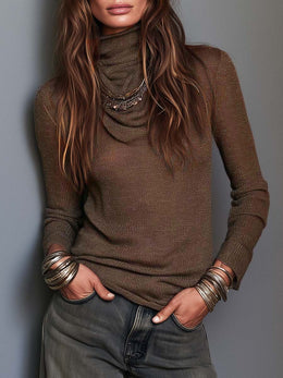 Top Boho Marrón de Punto Ligero con Cuello Drapeado, Manga Larga y Corte Ajustado