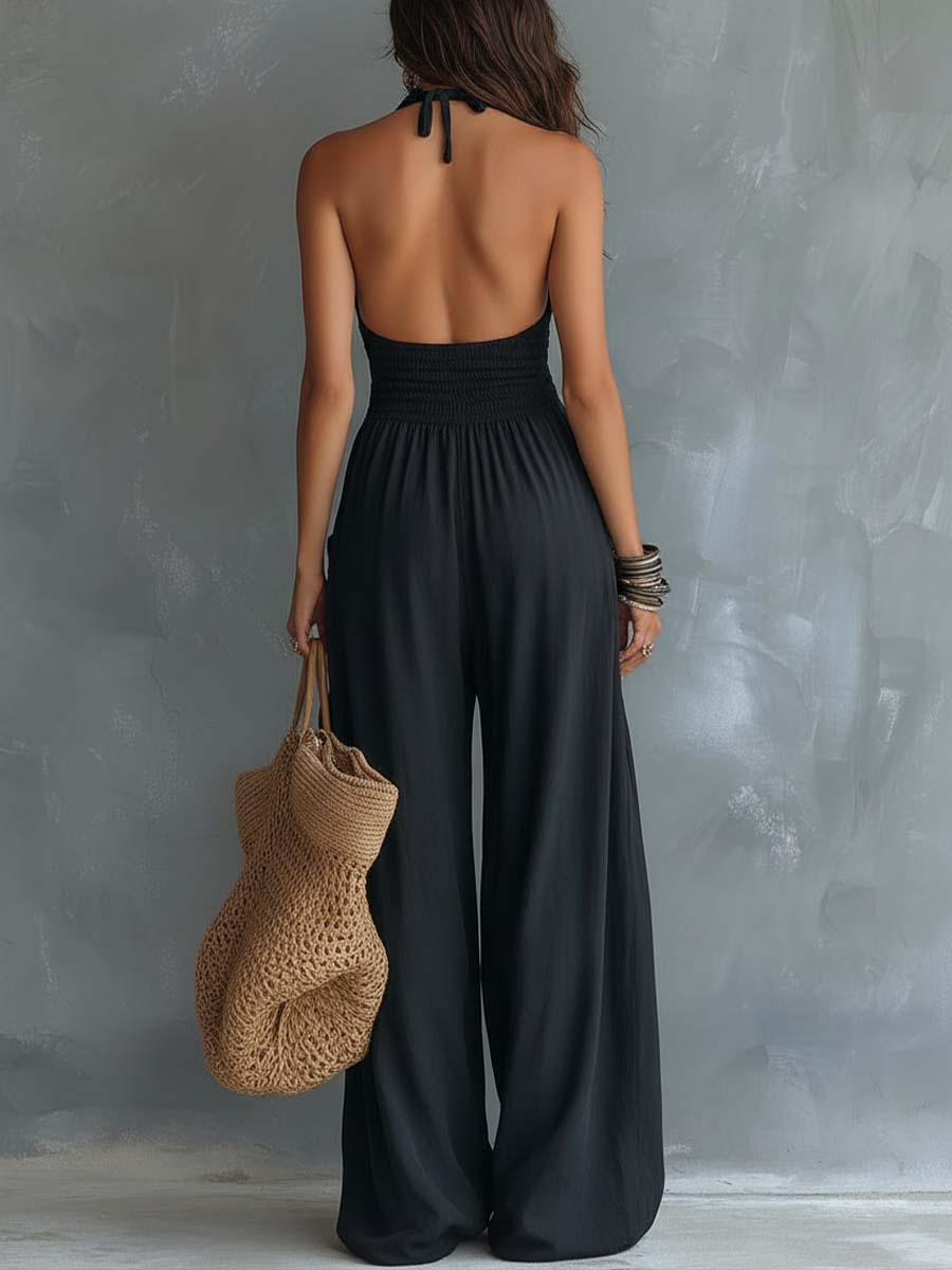 Mono Retro con Cuello Halter de Encaje y Bolsillos
