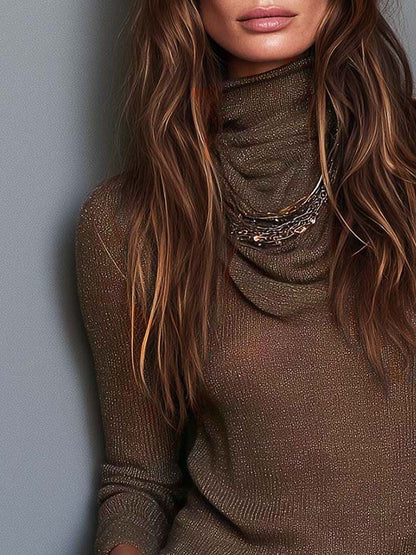 Top Boho Marrón de Punto Ligero con Cuello Drapeado, Manga Larga y Corte Ajustado