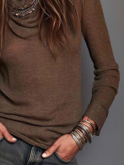 Top Boho Marrón de Punto Ligero con Cuello Drapeado, Manga Larga y Corte Ajustado