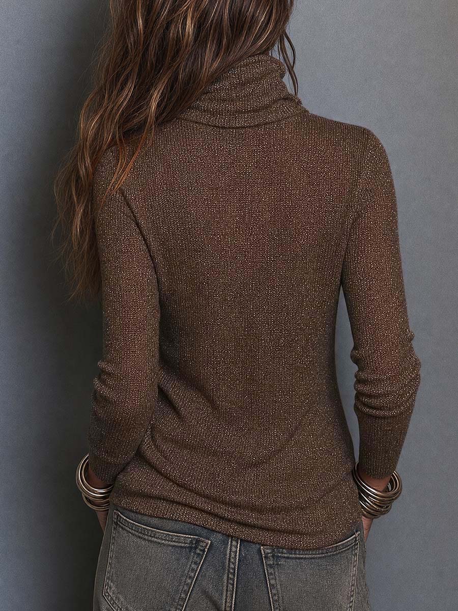 Top Boho Marrón de Punto Ligero con Cuello Drapeado, Manga Larga y Corte Ajustado