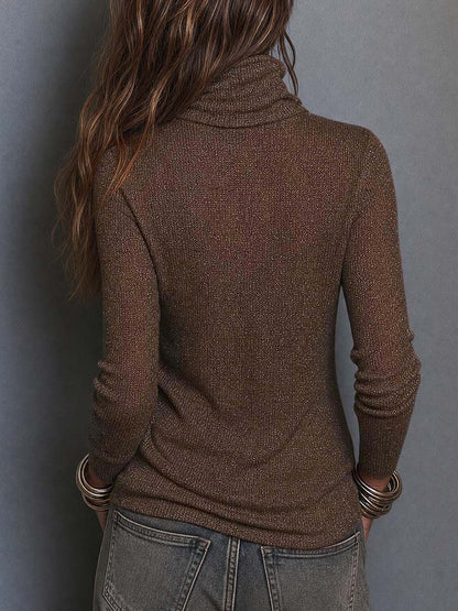 Top Boho Marrón de Punto Ligero con Cuello Drapeado, Manga Larga y Corte Ajustado