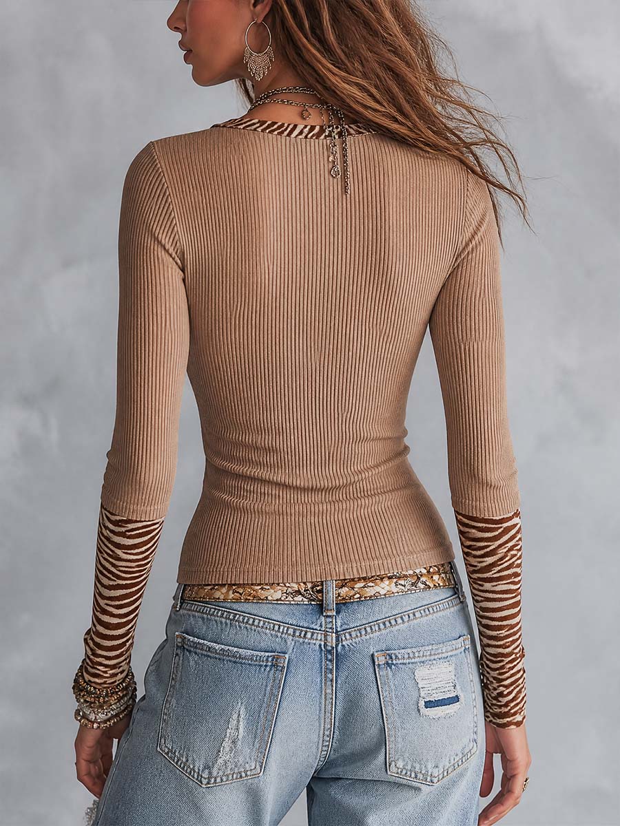 Top Desert Muse de Punto Canalé con Detalles de Estampado de Cebra