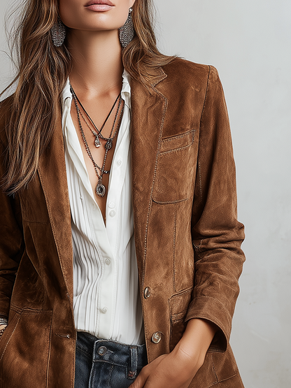 Chaqueta Retro de Ante Ecológico con Costuras en Contraste