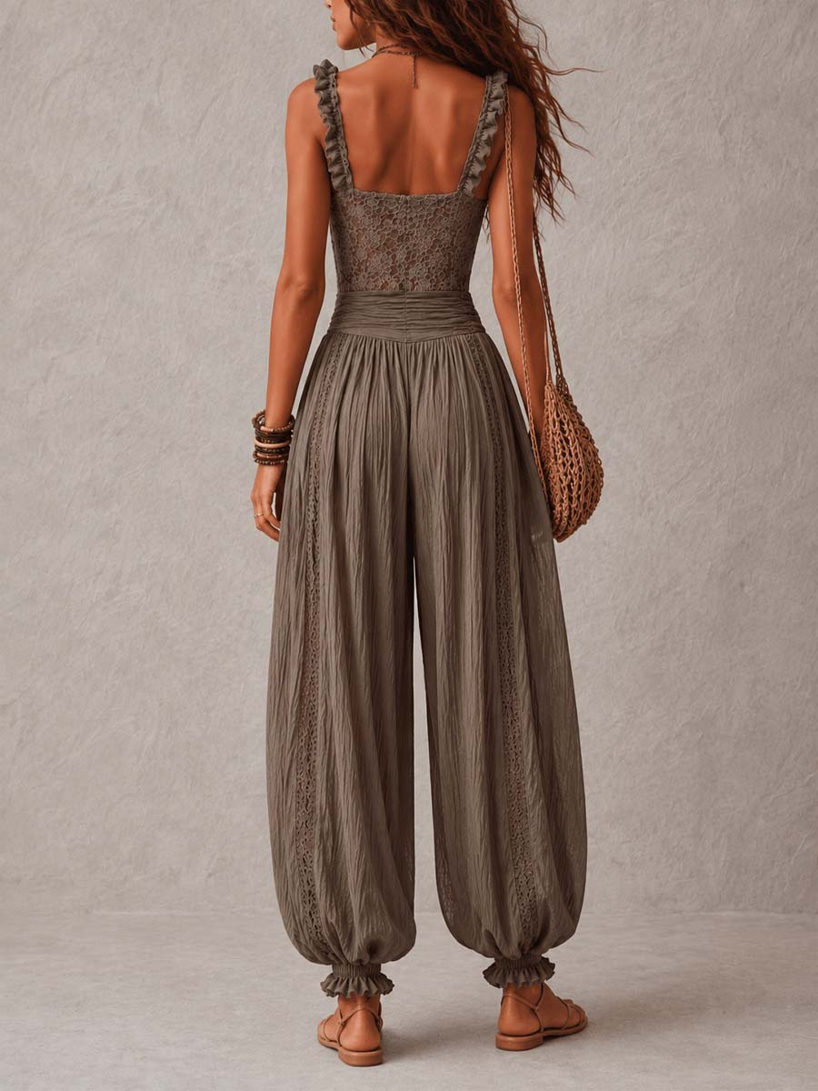 Nieves • Conjunto de bandeau de encaje gris y pantalones harem de algodón plisados