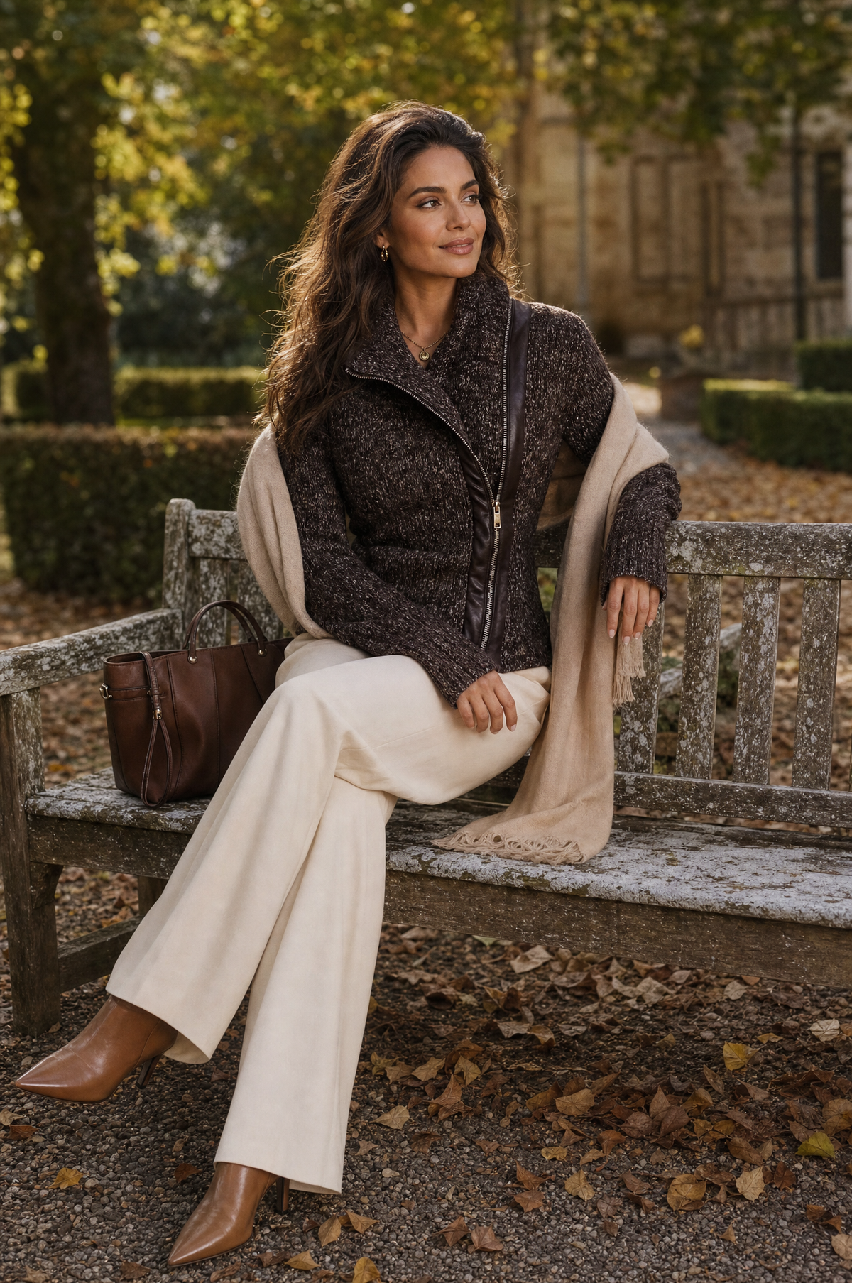 Chaqueta de punto marrón con cremallera asimétrica
