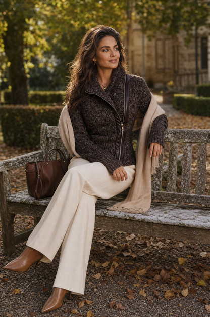 Chaqueta de punto marrón con cremallera asimétrica