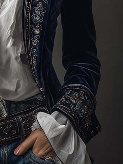 Chaqueta Larga Vintage de Terciopelo Azul Marino con Bordados