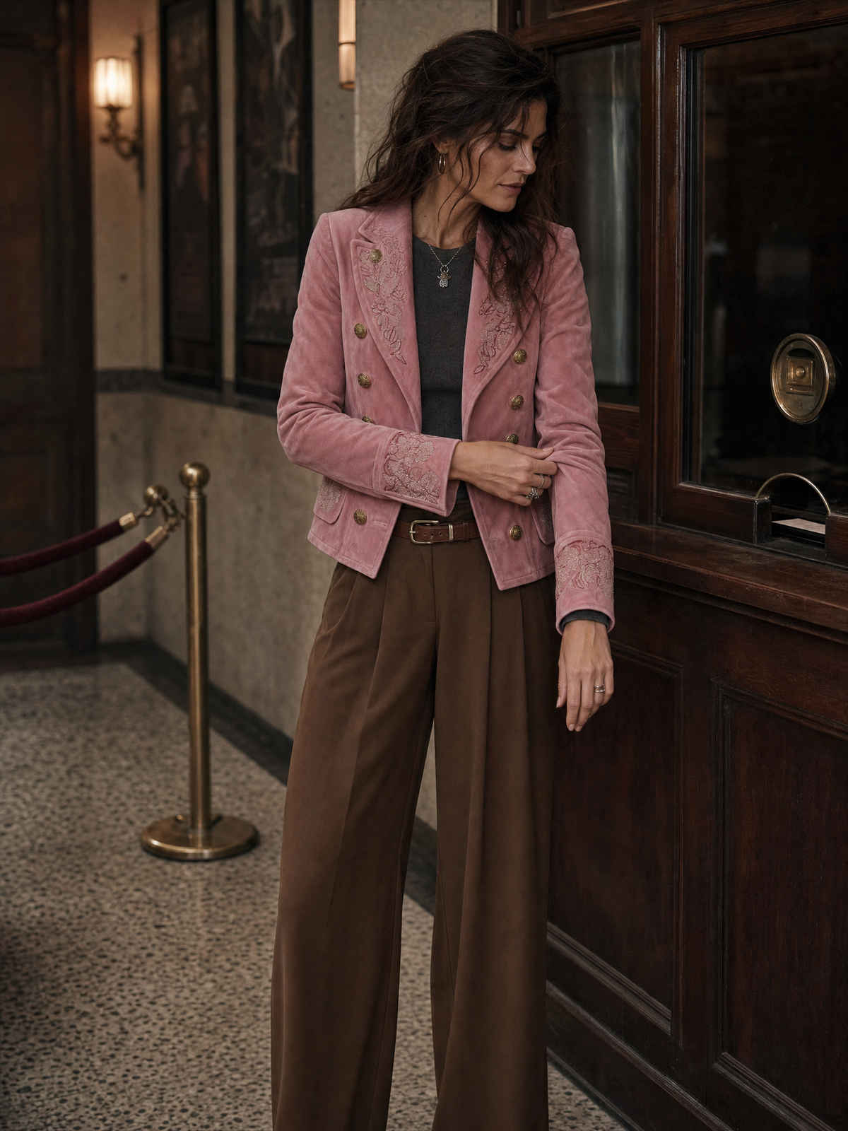 Chaqueta Vintage de Ante Bordado con Doble Botonadura