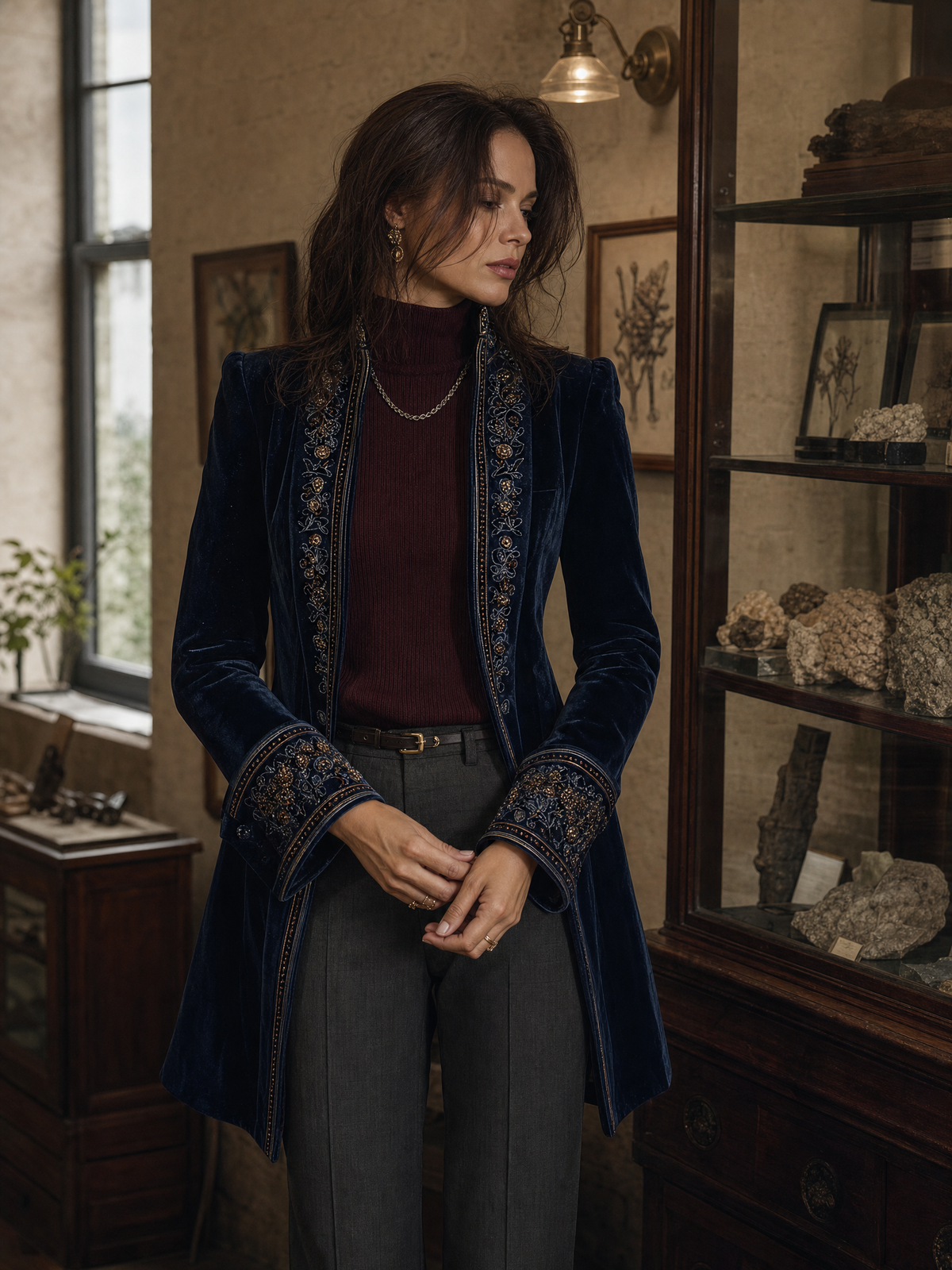 Chaqueta Larga Vintage de Terciopelo Azul Marino con Bordados