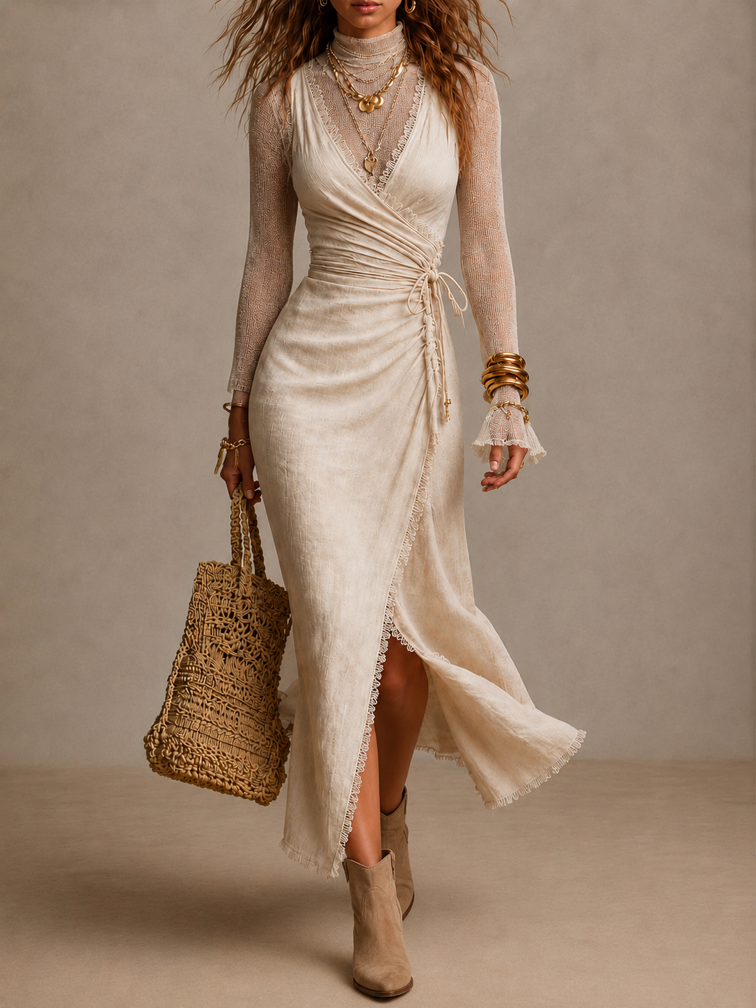 Vestido midi de lino natural cruzado con fruncido y detalles de encaje