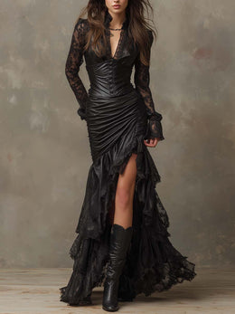 Vestido Maxi Negro de Ecopiel con Corsé y Mangas de Encaje