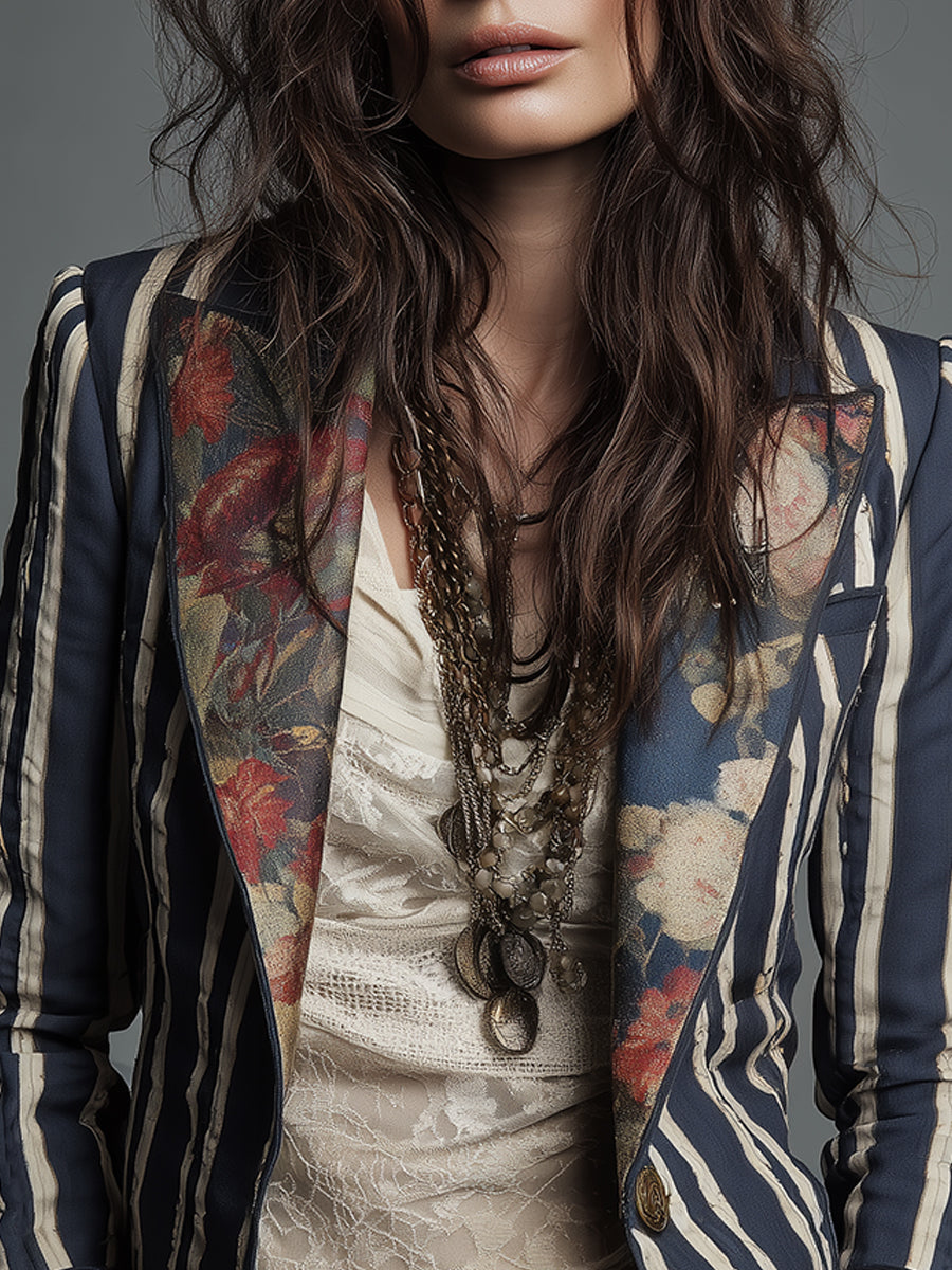 Blazer de algodón y lino con rayas y estampado floral bohemio