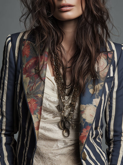 Blazer de algodón y lino con rayas y estampado floral bohemio