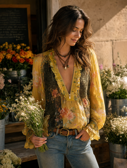 Blusa de Chifón Floral con Volantes y Cremallera Frontal