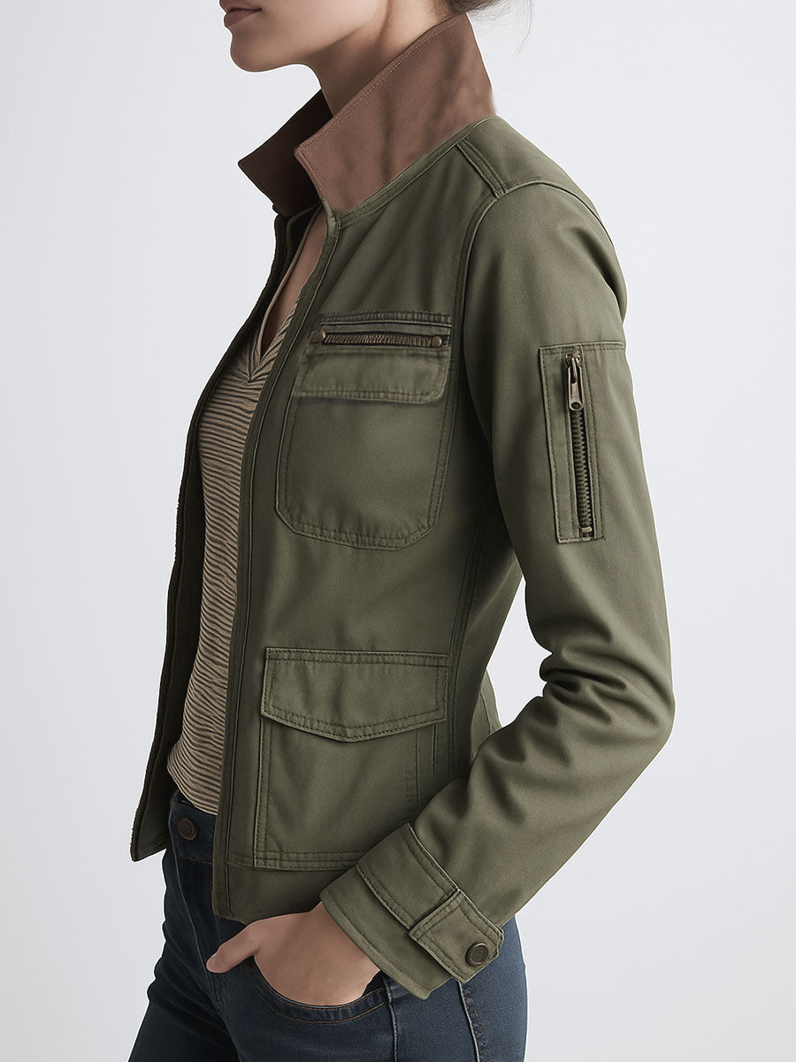 Chaqueta Cargo Verde Oliva de Exterior con Bolsillos Utility