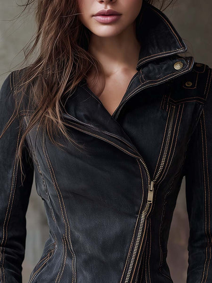 Chaqueta Moto Vintage de Denim Lavado en Gris Carbón