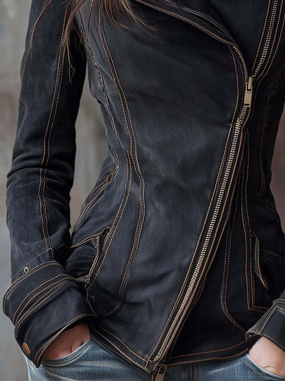 Chaqueta Moto Vintage de Denim Lavado en Gris Carbón