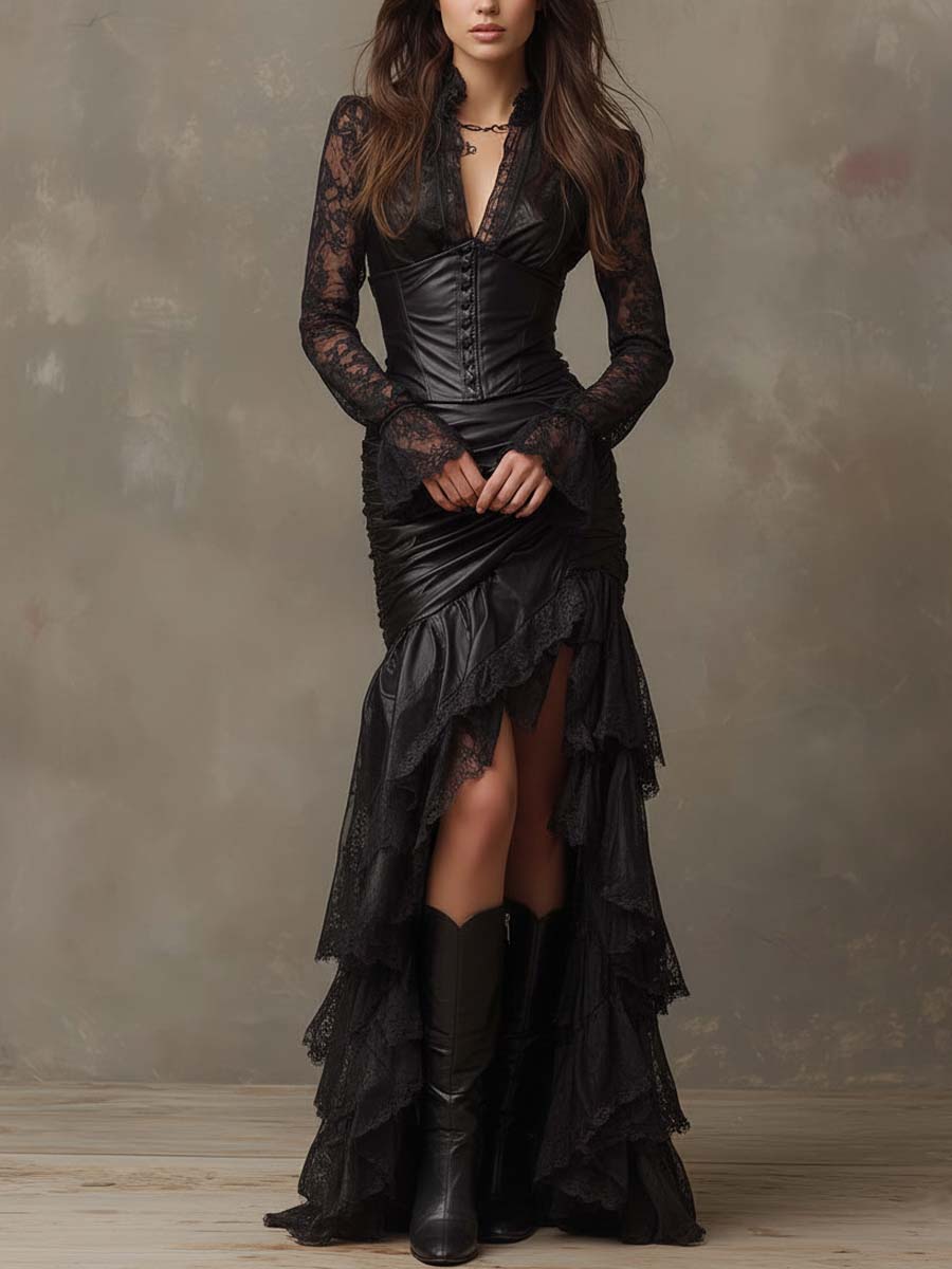 Vestido Maxi Negro de Ecopiel con Corsé y Mangas de Encaje