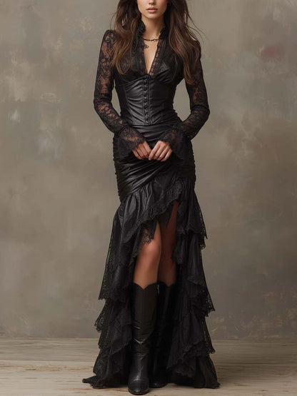 Vestido Maxi Negro de Ecopiel con Corsé y Mangas de Encaje