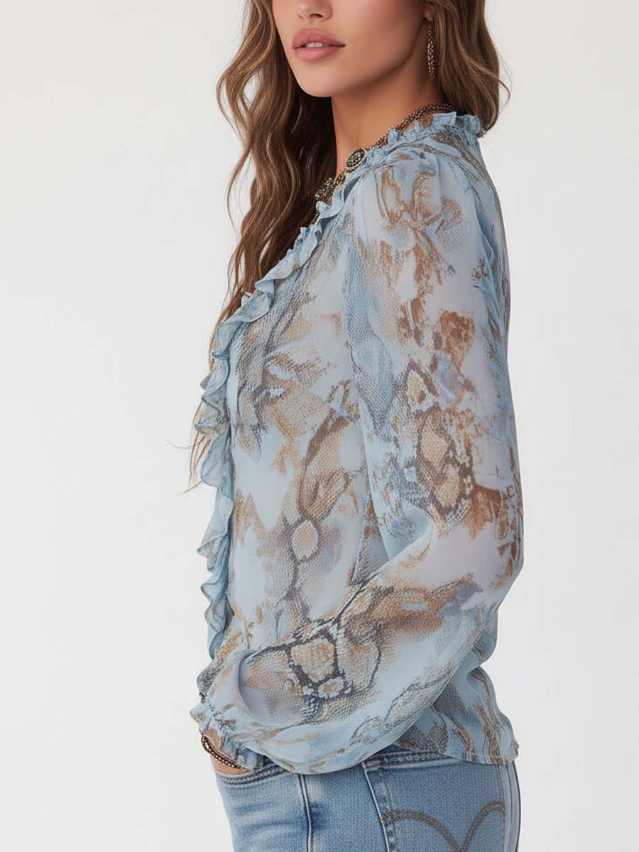 Blusa de Chifón Azul Estampada con Volantes y Cremallera Frontal