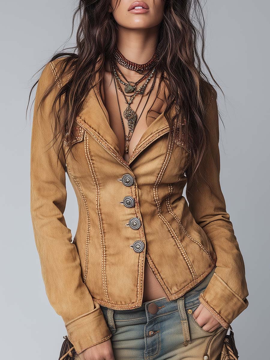 Chaqueta Vaquera Vintage Caqui de Corte Ajustado con Efecto Lavado