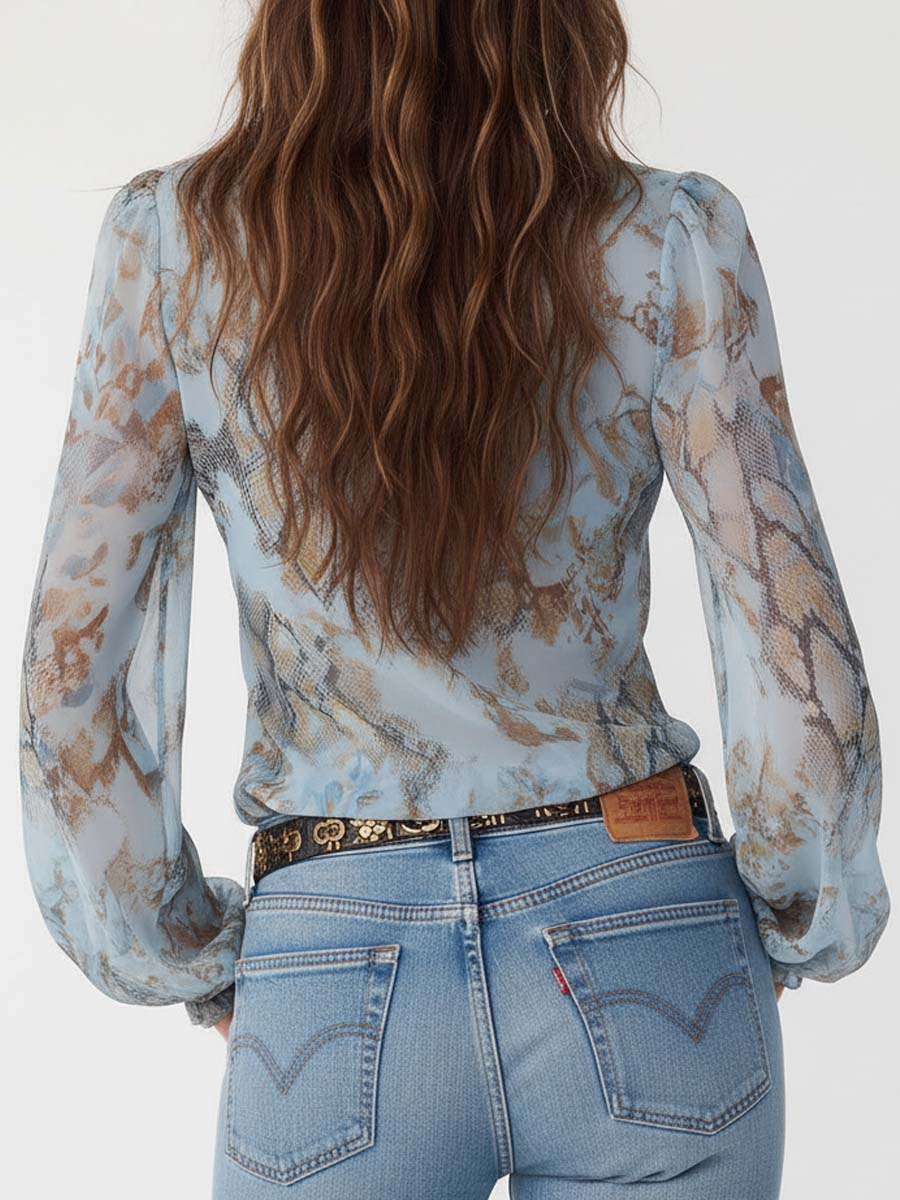 Blusa de Chifón Azul Estampada con Volantes y Cremallera Frontal