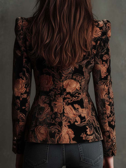 Blazer negro de terciopelo con estampado floral en tonos bronce