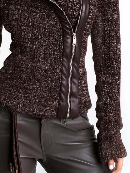 Chaqueta de punto marrón con cremallera asimétrica