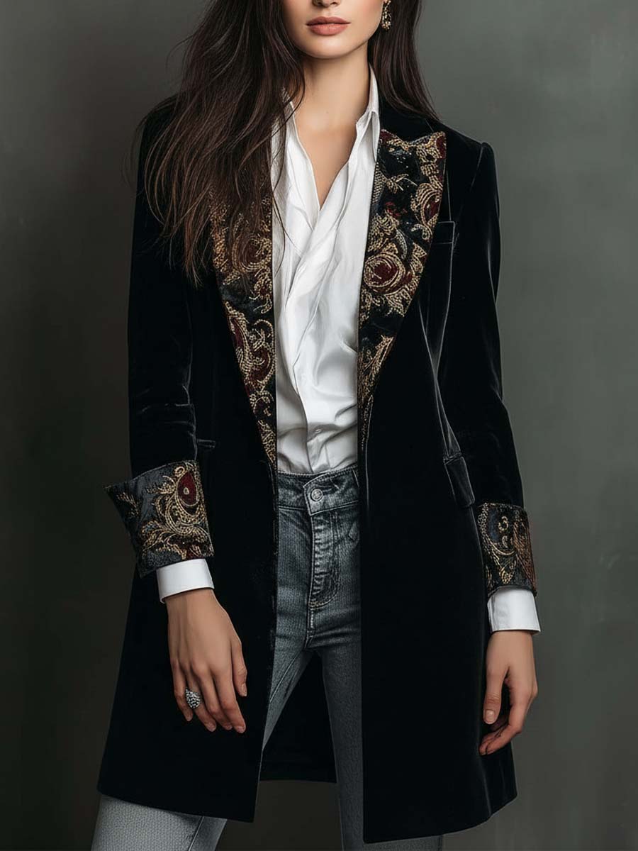 Blazer Vintage de Terciopelo Negro con Solapas de Estampado Barroco