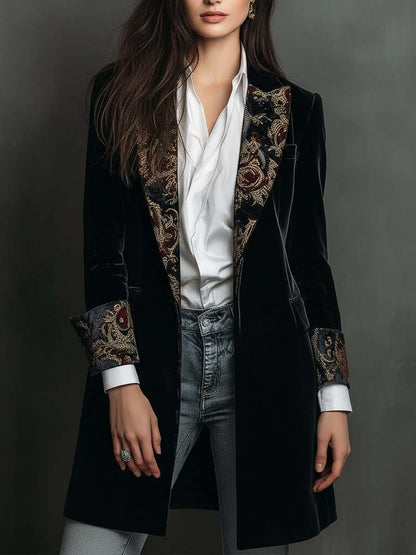 Blazer Vintage de Terciopelo Negro con Solapas de Estampado Barroco